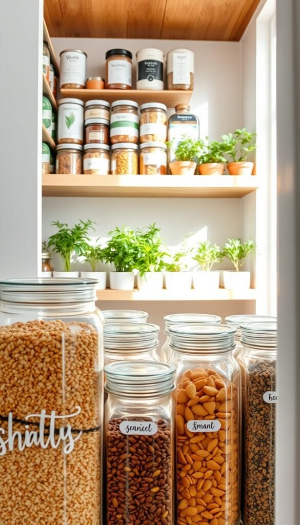 A beautifully organized pantry showcasing a modern, minimalist aesthetic. In the foreground, neat glass containers filled with a variety of colorful food items, such as grains, seeds, and snacks, all labeled with elegant handwriting. In the middle, a wooden shelf displays neatly stacked cans and jars, giving a sense of order. On the back wall, a fresh herb garden in small pots adds a touch of greenery. Soft, natural lighting streams in from a window, casting gentle shadows and creating a warm, inviting atmosphere. Capture this scene from a slight angle to emphasize depth, evoking a feeling of tranquility and efficiency in kitchen organization. The overall style should reflect a Pinterest-inspired lifestyle photo, aligning with the brand GoodHomeFinds.