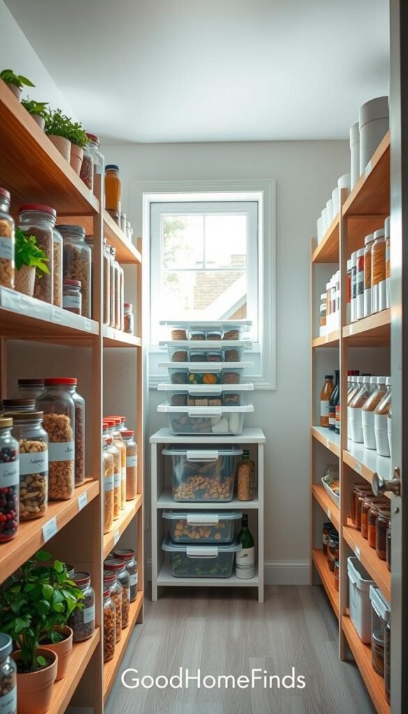 A beautifully organized pantry showcasing a "reset" theme, featuring neatly arranged jars, containers, and spices categorized into distinct zones. In the foreground, there are wooden shelves filled with labeled glass jars of grains, nuts, and dried fruits, complemented by vibrant herbs in small pots. The middle section displays stackable bins for snacks and pantry essentials, while the background features a fresh, clean aesthetic with soft pastel colors. Bright, natural light filters in through a nearby window, creating a warm and inviting atmosphere. The image reflects a feeling of calm and efficiency, perfect for demonstrating a streamlined pantry space. A subtle hint of the brand "GoodHomeFinds" can be incorporated into the design as a cohesive part of the scene.