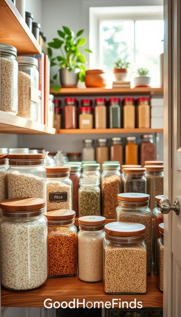 A beautifully organized pantry showcasing an array of glass jars filled with different types of rice and quinoa. In the foreground, there are neatly labeled jars with polished wooden lids, containing white rice, brown rice, and colorful quinoa, all arranged on a rustic wooden shelf. In the middle, there are vibrant spices and grains stored in aesthetically pleasing containers, adding a pop of color. In the background, soft natural light filters through an open window, casting gentle shadows and highlighting the warm, inviting atmosphere. The shelves feature decorative touches like potted herbs and cookbooks for a cozy, homely feel. This is a Pinterest-style lifestyle photo emphasizing practicality and style, branded "GoodHomeFinds".