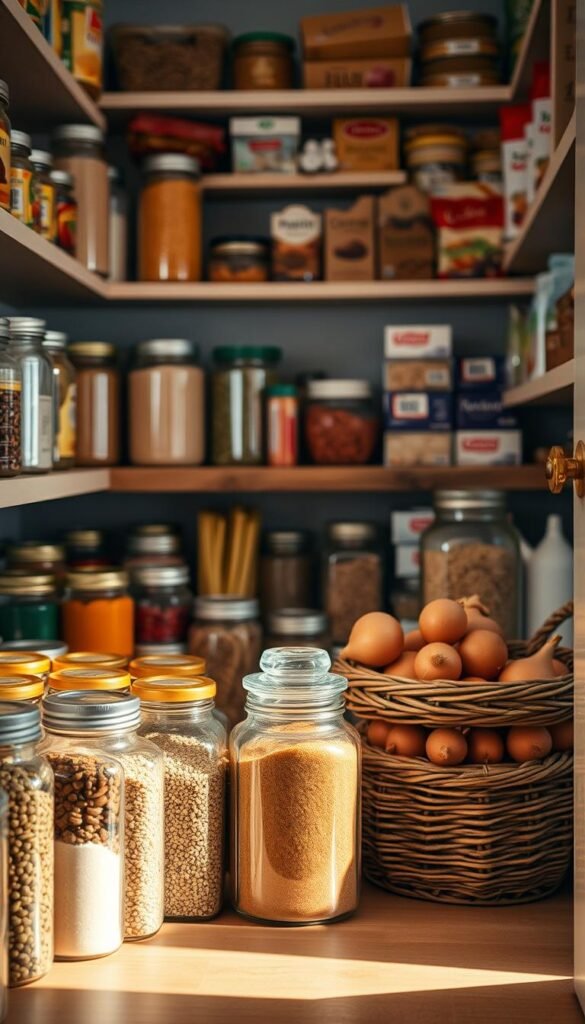 A beautifully organized pantry, showcasing an array of pantry foods in glass jars and open shelving. In the foreground, there's a neatly arranged row of colorful spices, grains in clear containers, and canned goods, all in the soft, warm afternoon light. The middle ground features a rustic wooden shelf with jars of dried pasta and legumes, while a basket of fresh onions and potatoes adds a vibrant touch. In the background, softly blurred, are shelves filled with various baked goods and boxes, hinting at a well-stocked pantry. The mood is inviting and homey, capturing the essence of food preservation and freshness while emphasizing the importance of organization. This scene is styled to reflect a GoodHomeFinds aesthetic, ideal for home inspiration.