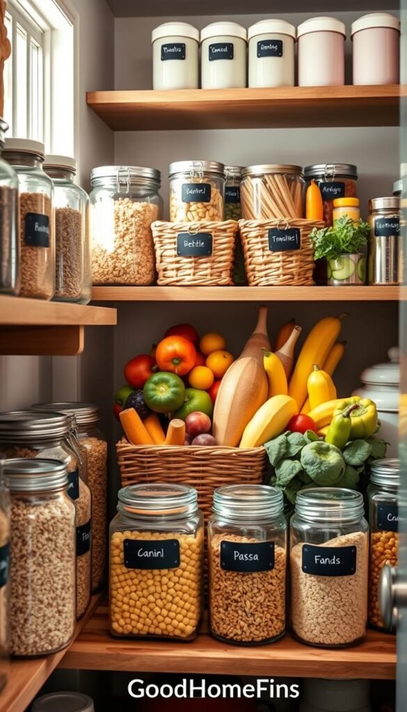 A beautifully organized pantry showcasing practical yet aesthetic storage solutions. In the foreground, clear glass jars labeled with chalkboard tags, filled with various grains, seeds, and pasta, are neatly arranged on wooden shelves. The middle layer features a variety of colorful fruits and vegetables in woven baskets, emphasizing fresh and healthy choices. In the background, neatly stacked canisters in pastel colors create an inviting atmosphere, while soft, natural light streams in through a window, casting gentle shadows. The scene is styled to inspire real-life organization rather than mere appearance, reflecting the essence of everyday functionality. Aim for a cozy, homey vibe, reminiscent of popular Pinterest aesthetics. Capture the essence of a well-thought-out, practical pantry, branded as "GoodHomeFinds."