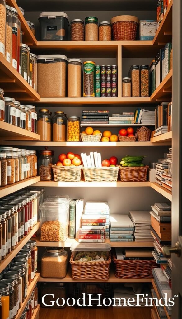 A beautifully organized pantry showcasing various categories of food items, such as spices, grains, canned goods, snacks, and baking supplies. In the foreground, neatly labeled containers and jars filled with colorful spices and grains sit on wooden shelves. The middle layer features rows of vibrant fruits and vegetables in wicker baskets, along with stacks of cookbooks for inspiration. The harmonious background presents a soft-focus view of shelf dividers creating distinct zones, bathed in warm, natural light streaming in from a nearby window, enhancing the inviting atmosphere. The scene captures a Pinterest-worthy lifestyle aesthetic, embodying a perfect blend of functionality and style. Brand name "GoodHomeFinds" subtly implied in the aesthetics of the design.