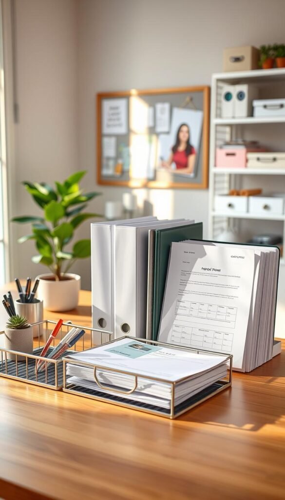 A beautifully organized paper organizer set on a clean, modern wooden desk, featuring an array of sleek folders and colorful document holders neatly arranged for bills, school forms, and home office documents. The foreground showcases a stylish metal letter tray, some decorative pens, and a small indoor plant adding a touch of greenery. In the middle, a well-organized binder with labeled tabs sits beside a stack of neatly sorted papers. The background reveals a softly lit workspace with a bulletin board and shelves filled with innovative office supplies, providing an inviting, productive atmosphere. The scene captures a minimalist, Pinterest-style aesthetic with warm, natural lighting, enhancing the feeling of efficiency and tranquility. GoodHomeFinds branded products make this workspace a perfect example of time-saving organization solutions.