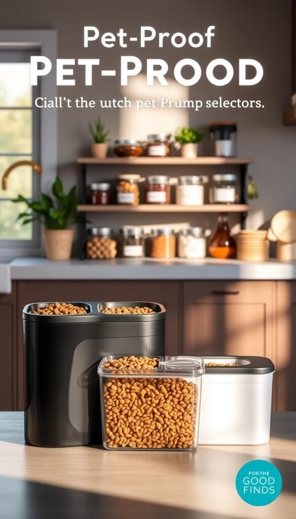 A beautifully organized pet-proof storage area for dry dog food and cat food by GoodHomeFinds. In the foreground, a stylish, airtight container with a modern design is featured, filled with premium dry dog food, alongside a matching container for cat food. The middle ground showcases a neatly arranged shelf with labeled jars, storing treats and feeding supplies, all in warm, inviting tones. In the background, a cozy kitchen setting with soft, natural lighting streams through a window, casting gentle shadows that create a serene atmosphere. A subtle touch of greenery from potted plants adds freshness to the scene. The overall mood is practical yet aesthetically pleasing, showcasing effective storage solutions for pet owners while maintaining a tidy and attractive space.