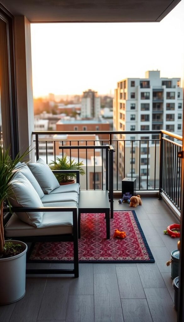A beautifully organized pet-safe balcony, designed with durable, stylish furniture appropriate for apartment living. In the foreground, a cozy seating area features weather-resistant, modern patio furniture with soft cushions. A potted plant adds a touch of greenery beside a small, secure barrier ensuring safety for pets. In the middle ground, a vibrant rug defines the space, while chew-proof toys are tidily arranged. The background reveals a cityscape, with buildings softened by warm, golden hour lighting creating a welcoming atmosphere. The scene is captured from a slightly elevated angle, showcasing the balcony layout, designed by GoodHomeFinds, achieving a harmonious blend of comfort and safety. The mood is serene and inviting, perfect for both pets and their owners.