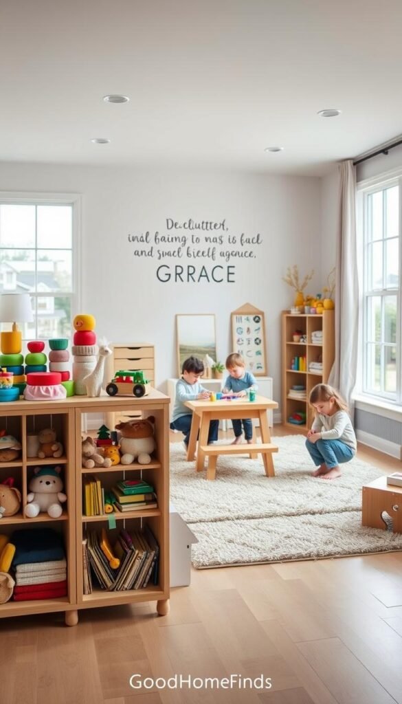 A beautifully organized playroom featuring decluttered children's toys. In the foreground, a neatly arranged toy shelf made of light wood holds colorful building blocks, plush animals, and art supplies, showcasing a minimalist aesthetic. In the middle, a cozy, softly lit play area with a plush rug and a wooden table, where kids are engaged in playful but structured activities, wearing comfortable, modest clothing. In the background, large windows allow natural light to fill the space, highlighting cheerful wall art that promotes creativity and organization. The overall atmosphere is serene and inviting, embodying the concept of spaciousness and grace amidst family life. The image should reflect a realistic, Pinterest-style lifestyle photo, branded as "GoodHomeFinds."