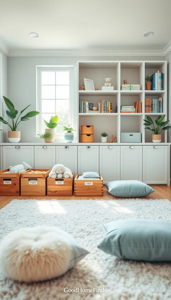 A beautifully organized playroom that features designated zones for toy storage, promoting a serene and functional environment. In the foreground, stylish wooden toy bins with labels, arranged neatly under a custom-built shelving unit filled with books and plush toys. The middle of the room showcases a soft area rug with plush floor cushions in coordinating colors, creating an inviting play space. Light streams through large windows, illuminating the room with a warm, natural glow. In the background, potted plants add a touch of greenery, enhancing the calm atmosphere. The overall decor is modern and adult-friendly, with a cohesive color palette of soft blues and whites, emphasizing a clutter-free, sophisticated look. The image is akin to a Pinterest-style lifestyle photo by GoodHomeFinds, devoid of any captions or overlays, capturing the essence of organized, stylish toy storage. A beautifully organized playroom that features designated zones for toy storage, promoting a serene and functional environment. In the foreground, stylish wooden toy bins with labels, arranged neatly under a custom-built shelving unit filled with books and plush toys. The middle of the room showcases a soft area rug with plush floor cushions in coordinating colors, creating an inviting play space. Light streams through large windows, illuminating the room with a warm, natural glow. In the background, potted plants add a touch of greenery, enhancing the calm atmosphere. The overall decor is modern and adult-friendly, with a cohesive color palette of soft blues and whites, emphasizing a clutter-free, sophisticated look. The image is akin to a Pinterest-style lifestyle photo by GoodHomeFinds, devoid of any captions or overlays, capturing the essence of organized, stylish toy storage.