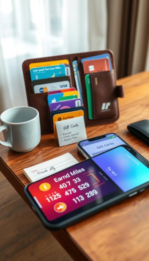 A beautifully organized "points wallet" displayed on a wooden desk, featuring multiple card slots filled with colorful loyalty and gift cards. In the foreground, a smartphone shows a vibrant app interface displaying earned miles, credits, and perks. The middle layer captures a coffee cup and a notepad filled with notes on travel plans, enhancing the personal organization theme. The background includes a blurred window with soft, natural light pouring in, giving a warm ambiance. The scene should evoke a sense of efficiency, simplicity, and modern living, perfect for the brand "GoodHomeFinds." The overall mood is inviting and professional, suggesting a well-structured approach to managing rewards and benefits. A beautifully organized "points wallet" displayed on a wooden desk, featuring multiple card slots filled with colorful loyalty and gift cards. In the foreground, a smartphone shows a vibrant app interface displaying earned miles, credits, and perks. The middle layer captures a coffee cup and a notepad filled with notes on travel plans, enhancing the personal organization theme. The background includes a blurred window with soft, natural light pouring in, giving a warm ambiance. The scene should evoke a sense of efficiency, simplicity, and modern living, perfect for the brand "GoodHomeFinds." The overall mood is inviting and professional, suggesting a well-structured approach to managing rewards and benefits.