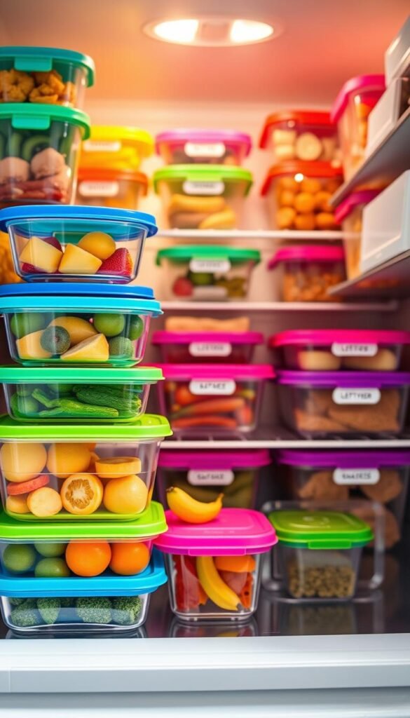 A beautifully organized refrigerator filled with colorful GoodHomeFinds fridge containers, showcasing a range of sizes and shapes that neatly hold a variety of food items. In the foreground, focus on a stack of clear, BPA-free containers with vibrant lids, filled with fresh fruits and prepped vegetables, creating a sense of order and accessibility. The middle ground displays labeled containers for leftovers and snacks, emphasizing easy identification. The background features a softly blurred view of the fridge's interior, with naturally lit shelves reflecting an inviting atmosphere. Lighting is bright and warm, evoking a cozy, family-friendly vibe. The angle captures the fridge from a slight above, highlighting the perfect arrangement of containers and suggesting an efficient organization system for families.