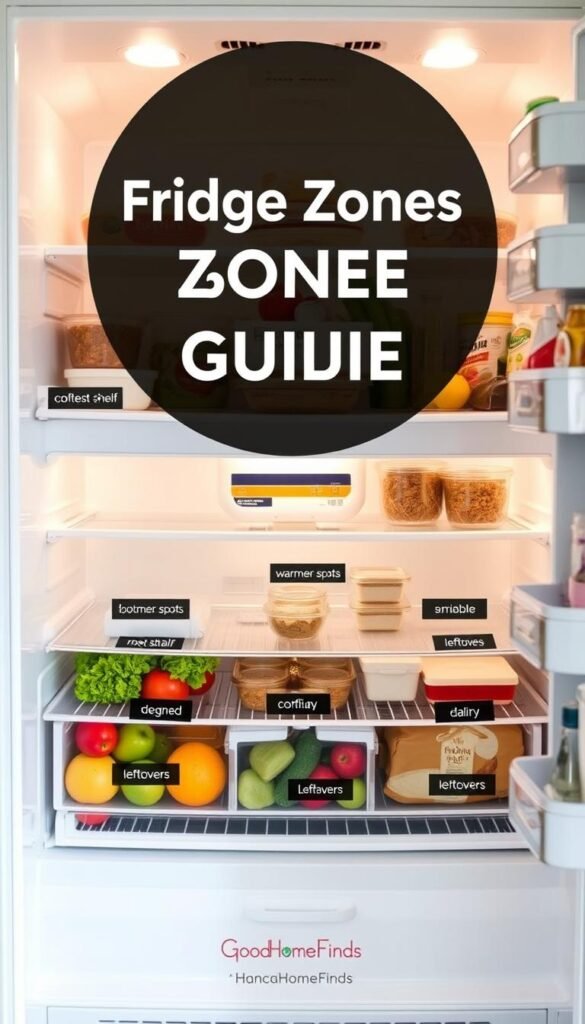 A beautifully organized refrigerator interior showcasing a comprehensive "fridge zones guide." In the foreground, a close-up of labeled sections displaying the coldest spots on the bottom shelf, warmer spots in the door, and the most stable middle shelves, arranged with fresh fruits, vegetables, dairy products, and leftovers. The middle layer features an overview of the entire fridge layout, elegantly designed for visual clarity. The background includes soft, diffused lighting that highlights the freshness of the food items, creating a clean and inviting atmosphere. The scene is styled in a Pinterest-worthy lifestyle aesthetic, aimed at providing a clear and informative visual representation. Include subtle branding of "GoodHomeFinds" incorporated into the design without text.