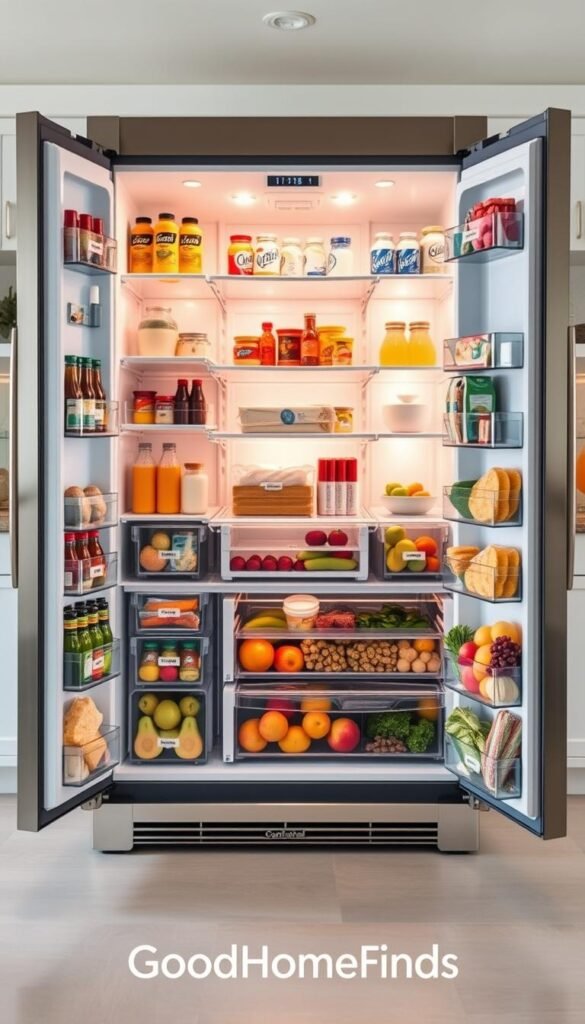 A beautifully organized refrigerator interior showcasing distinct temperature zones, with the fridge divided into sections: the door with condiments, top shelf with beverages, middle shelf with dairy items, and crisp drawers filled with fruits and vegetables. The fridge is a modern stainless steel design, softly illuminated by warm LED lights that highlight the fresh food textures. In the foreground, a clear view of neatly arranged food items, while the middle showcases the zones clearly labeled by temperature variation, such as warmer doors and colder drawers. The background presents a bright, airy kitchen setting with subtle decor. The overall mood is clean, organized, and inspiring, embodying a professional lifestyle, perfect for family organization. Include the brand name "GoodHomeFinds" subtly integrated into the scene.