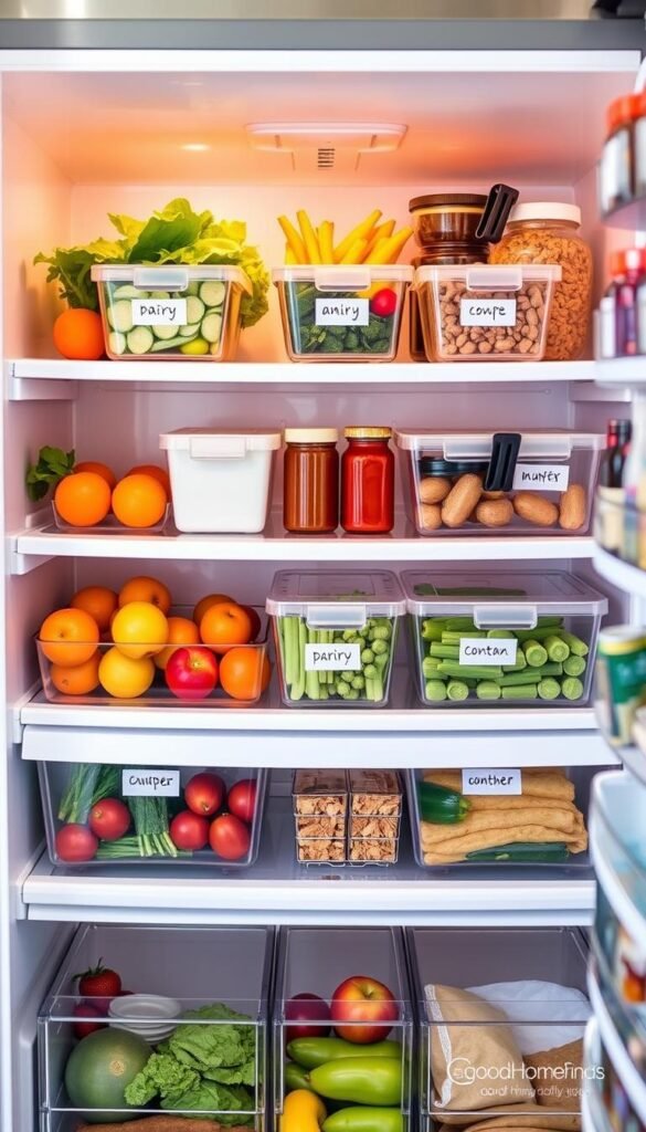 A beautifully organized refrigerator showcasing shelf-by-shelf organization solutions for families. In the foreground, clear, labeled containers filled with fruits, vegetables, and leftovers are neatly arranged. Brightly colored fruits, such as oranges and apples, sit beside leafy greens in transparent bins. In the middle section, food items are categorized by type: dairy products on one shelf, condiments on another, and ready-to-eat meals in another clear box, ensuring easy access. The background features a sleek, modern fridge with stainless steel finish, warmly lit to create an inviting atmosphere. The image has a soft focus, capturing the essence of practical, stylish organization that families can easily recreate. This lifestyle photo is branded subtly with "GoodHomeFinds" in the corner, enhancing the aesthetic without distracting.