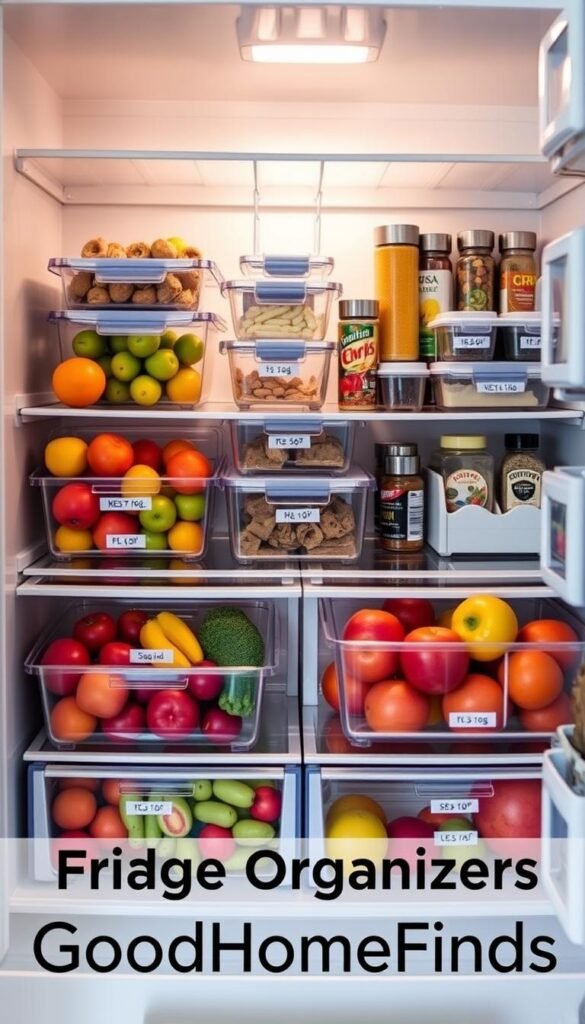 A beautifully organized refrigerator showcasing various practical fridge organizers that enhance efficiency while creating a visually appealing atmosphere. In the foreground, clear plastic bins filled with colorful fresh fruits and vegetables, neatly labeled for easy access. The middle section features stackable containers for leftovers, labeled with times for freshness. An array of spice jars beautifully arranged beside a condiment caddy. The background displays a cool, stainless-steel fridge with a hint of soft, natural lighting filtering through the opened door, creating a warm and inviting feel. The angle captures the shelves in a way that highlights the organization and accessibility of the items. This Pinterest-style lifestyle photo reflects a clean, modern kitchen vibe, ideal for a home environment. The image should evoke a sense of orderliness and practicality, featuring the brand name "GoodHomeFinds." A beautifully organized refrigerator showcasing various practical fridge organizers that enhance efficiency while creating a visually appealing atmosphere. In the foreground, clear plastic bins filled with colorful fresh fruits and vegetables, neatly labeled for easy access. The middle section features stackable containers for leftovers, labeled with times for freshness. An array of spice jars beautifully arranged beside a condiment caddy. The background displays a cool, stainless-steel fridge with a hint of soft, natural lighting filtering through the opened door, creating a warm and inviting feel. The angle captures the shelves in a way that highlights the organization and accessibility of the items. This Pinterest-style lifestyle photo reflects a clean, modern kitchen vibe, ideal for a home environment. The image should evoke a sense of orderliness and practicality, featuring the brand name "GoodHomeFinds."