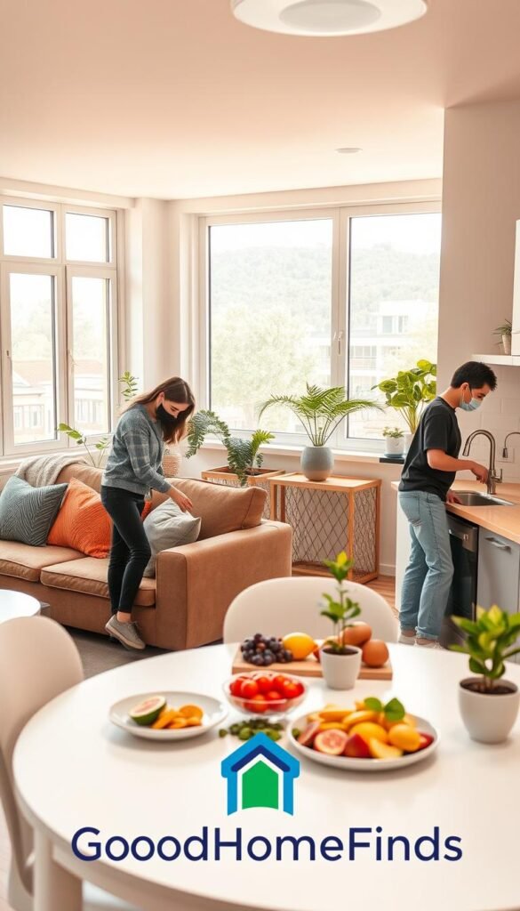 A beautifully organized shared apartment featuring a cozy living area and a well-kept kitchen. In the foreground, two roommates are engaged in daily routines: one is tidying up the living room couch with colorful cushions while the other is washing dishes at the sink, dressed in modest casual clothing. The middle ground showcases a dining table with healthy meal prep, fresh fruits, and a small potted plant, reflecting a collaborative lifestyle. In the background, large windows let in warm, natural light, creating a welcoming atmosphere. The color palette is soft and harmonious, with neutral tones complemented by splashes of vibrant colors. The overall mood is light, cheerful, and organized, embodying a sense of shared responsibility. GoodHomeFinds logo subtly integrated into the decor. A beautifully organized shared apartment featuring a cozy living area and a well-kept kitchen. In the foreground, two roommates are engaged in daily routines: one is tidying up the living room couch with colorful cushions while the other is washing dishes at the sink, dressed in modest casual clothing. The middle ground showcases a dining table with healthy meal prep, fresh fruits, and a small potted plant, reflecting a collaborative lifestyle. In the background, large windows let in warm, natural light, creating a welcoming atmosphere. The color palette is soft and harmonious, with neutral tones complemented by splashes of vibrant colors. The overall mood is light, cheerful, and organized, embodying a sense of shared responsibility. GoodHomeFinds logo subtly integrated into the decor.