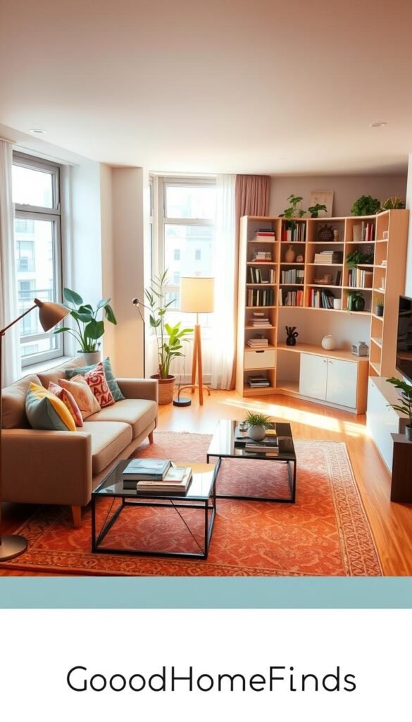 A beautifully organized shared apartment living room, showcasing distinct zones for different activities. In the foreground, a cozy sitting area with a plush sofa, colorful throw pillows, and a patterned rug, inviting relaxation. The middle ground features an elegant coffee table adorned with books and decorative items, while a stylish floor lamp casts warm light. A small study area, complete with a modern desk and chair, is visible to the side, emphasizing productivity. In the background, well-placed shelving units display neatly arranged books and plants, creating a serene atmosphere. The room is illuminated with soft, natural light streaming through large windows, enhancing the inviting mood. Capture this realistic lifestyle scene in a Pinterest-style photo for "GoodHomeFinds." A beautifully organized shared apartment living room, showcasing distinct zones for different activities. In the foreground, a cozy sitting area with a plush sofa, colorful throw pillows, and a patterned rug, inviting relaxation. The middle ground features an elegant coffee table adorned with books and decorative items, while a stylish floor lamp casts warm light. A small study area, complete with a modern desk and chair, is visible to the side, emphasizing productivity. In the background, well-placed shelving units display neatly arranged books and plants, creating a serene atmosphere. The room is illuminated with soft, natural light streaming through large windows, enhancing the inviting mood. Capture this realistic lifestyle scene in a Pinterest-style photo for "GoodHomeFinds."
