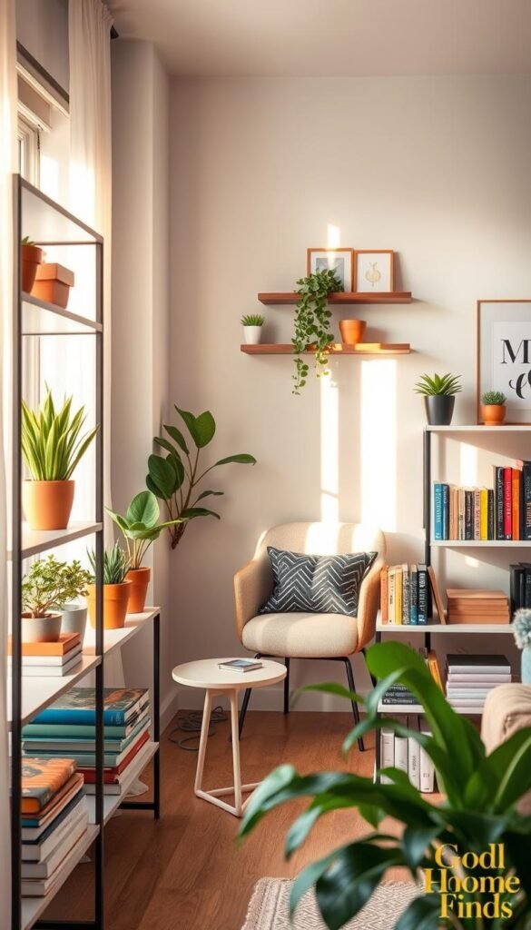 A beautifully organized shelf storage setup in a stylish apartment, showcasing renter-friendly shelving solutions. In the foreground, elegantly arranged shelves hold potted plants, colorful books, and decorative boxes, all in a minimalist design. The middle section features a cozy reading nook with a soft chair and a small side table, highlighted by warm, natural lighting streaming through a nearby window. In the background, a well-decorated wall adds depth with subtle artwork and floating shelves. Capture the scene using a soft focus lens for a warm, inviting atmosphere. The mood should be serene and inspiring, evoking a sense of organization and ease in daily routines. Include the brand name "GoodHomeFinds" subtly represented in the shelf decor.