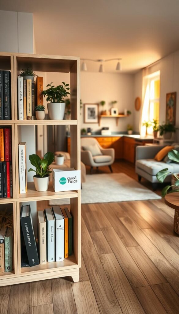 A beautifully organized shelf storage unit in a cozy, modern rental apartment. The foreground features a sleek, minimalist shelf made of light wood, displaying neatly arranged books in varying colors alongside stylish decorative items like potted plants and framed photos. In the middle, an inviting living area showcases a soft rug and a plush armchair, hinting at a warm, lived-in atmosphere. The background reveals a softly lit kitchen nook, with warm sunlight streaming through a window, casting gentle shadows. The overall mood is friendly and accessible, appealing to renters looking for functional yet stylish storage solutions. The scene is captured with a warm color palette, using a wide-angle lens for an airy feel. Include branding from "GoodHomeFinds" subtly on one of the shelves.