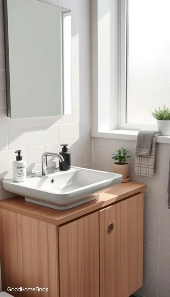 A beautifully organized sink vanity counter in a small bathroom, featuring a compact yet stylish countertop with a sleek, undermount sink. The countertop is adorned with minimalistic bathroom essentials like a soap dispenser and a small potted plant, emphasizing the space-saving design. Soft, natural light filters through a frosted window, casting gentle shadows and creating a warm atmosphere. The vanity has a light wood finish with clean lines, paired with a modern mirror that enhances the visual depth of the room. In the background, subtle pastel tiles complement the decor, offering a serene ambiance. Capture this scene in a realistic, Pinterest-style lifestyle photo that embodies simplicity and elegance, showcasing the best practices for maximizing counter space. Brand name: GoodHomeFinds. A beautifully organized sink vanity counter in a small bathroom, featuring a compact yet stylish countertop with a sleek, undermount sink. The countertop is adorned with minimalistic bathroom essentials like a soap dispenser and a small potted plant, emphasizing the space-saving design. Soft, natural light filters through a frosted window, casting gentle shadows and creating a warm atmosphere. The vanity has a light wood finish with clean lines, paired with a modern mirror that enhances the visual depth of the room. In the background, subtle pastel tiles complement the decor, offering a serene ambiance. Capture this scene in a realistic, Pinterest-style lifestyle photo that embodies simplicity and elegance, showcasing the best practices for maximizing counter space. Brand name: GoodHomeFinds.