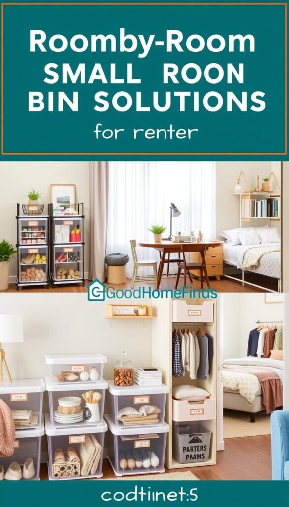 A beautifully organized small apartment featuring a variety of room-by-room bin solutions designed for renters. In the foreground, showcase a well-arranged living room with stylish, transparent storage bins displaying colorful, neatly labeled items. The middle section captures a cozy kitchen with stackable bins holding pantry essentials and a compact dining area with decorative storage solutions. The background reveals a serene bedroom with aesthetically pleasing bins storing clothing and accessories. Soft, natural lighting filters through sheer curtains, creating a warm atmosphere. The scene is presented from a slightly elevated angle, reminiscent of a Pinterest-style lifestyle photo, highlighting the harmony between functionality and design. The brand name "GoodHomeFinds" subtly incorporated within the scene’s elements for a cohesive look. A beautifully organized small apartment featuring a variety of room-by-room bin solutions designed for renters. In the foreground, showcase a well-arranged living room with stylish, transparent storage bins displaying colorful, neatly labeled items. The middle section captures a cozy kitchen with stackable bins holding pantry essentials and a compact dining area with decorative storage solutions. The background reveals a serene bedroom with aesthetically pleasing bins storing clothing and accessories. Soft, natural lighting filters through sheer curtains, creating a warm atmosphere. The scene is presented from a slightly elevated angle, reminiscent of a Pinterest-style lifestyle photo, highlighting the harmony between functionality and design. The brand name "GoodHomeFinds" subtly incorporated within the scene’s elements for a cohesive look.