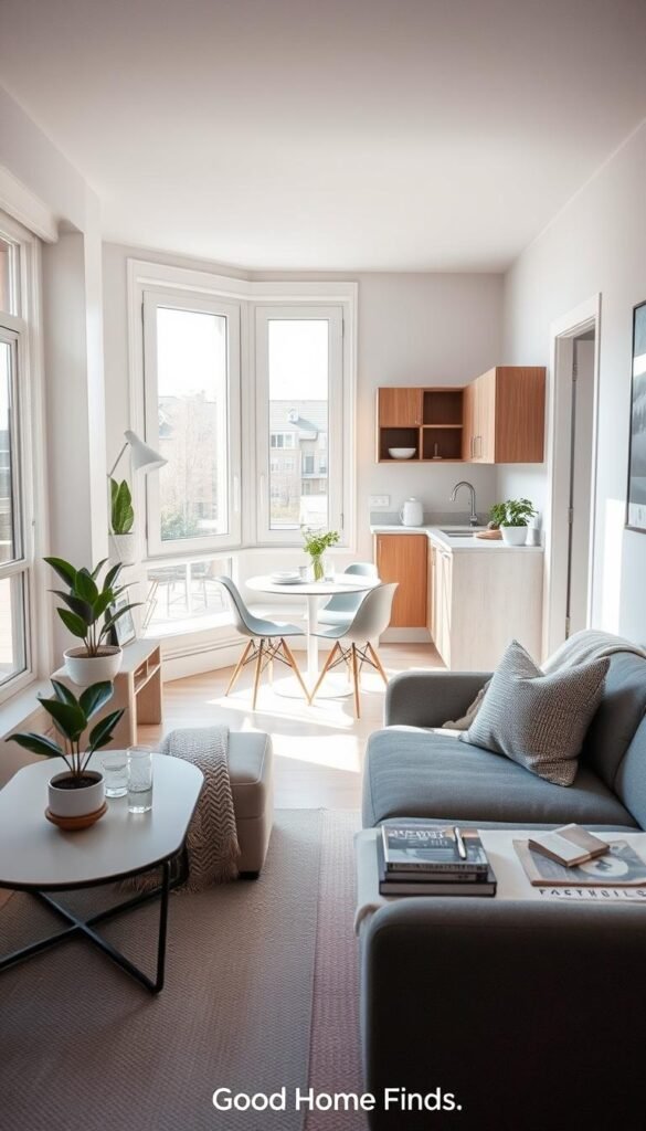 A beautifully organized small apartment interior showcasing a fresh &ldquo;reset&rdquo; theme. In the foreground, a tidy living area features a modern, minimalist sofa adorned with neutral-colored cushions and a stylish throw blanket. A coffee table is elegantly arranged with a few decorative items, including a small plant and a stack of books. In the middle, a compact dining space with a sleek table set for two, illuminated by soft, natural light filtering through large windows. In the background, a cozy kitchen area displays tidy counters and organized utensils, with a pop of greenery from herb pots. The atmosphere is bright, inviting, and harmoniously balanced, reflecting a sense of calm and clarity. Lens focused at a slight angle to capture depth. Style inspired by contemporary Pinterest aesthetics. No text or watermarks. GoodHomeFinds.