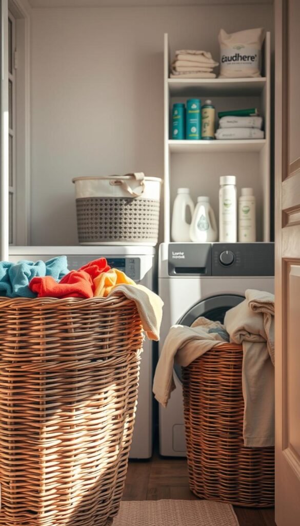 A beautifully organized small apartment laundry area showcasing essential laundry items. In the foreground, a stylish wicker laundry basket overflowing with colorful clothes, with a few neatly folded towels beside it. The middle ground features a compact, modern washing machine, with a sleek bottle of detergent and eco-friendly fabric softener displayed on the side. The background reveals a minimalist shelving unit holding laundry essentials, such as dryer sheets and lint rollers, all bathed in warm, natural light streaming through a nearby window. The atmosphere is tidy and inviting, reflecting a practical approach to laundry flow in cozy spaces. Capture this scene with a soft focus, emphasizing the warm tones and clean lines, with a Pinterest-worthy aesthetic. Include a subtle branding element with "GoodHomeFinds" integrated into the shelf d&eacute;cor.