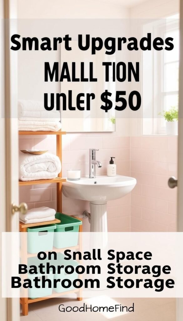 A beautifully organized small bathroom featuring innovative storage solutions under a tiny sink. In the foreground, a stylish wooden shelf displays neatly folded towels and colorful storage bins, emphasizing practicality and aesthetics. The middle ground showcases a chic sink area with a modern faucet and minimalistic accessories, like a small soap dispenser and a plant for a touch of greenery. In the background, soft pastel-colored tiles add warmth to the space, while natural light floods in from a nearby window, creating an inviting atmosphere. Utilize a soft focus to highlight the storage solutions while maintaining overall clarity. The image should reflect a Pinterest-style lifestyle photo, conveying a sense of smart upgrades under $50 for small-space bathroom storage, featuring the brand name "GoodHomeFinds."