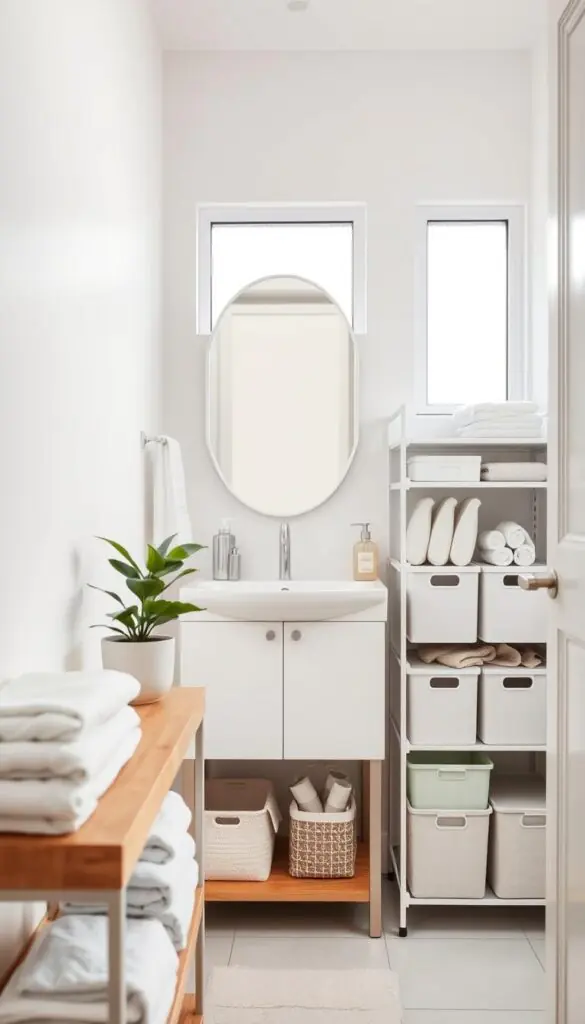 A beautifully organized small bathroom space featuring an efficient storage system. In the foreground, neatly arranged bathroom essentials like towels, toiletries, and a small potted plant on a stylish wooden shelf. The middle ground showcases a compact vanity with a clean sink area, underscored by organizational bins filled with different items, all in soft pastel colors. The background features a well-lit mirror and a soothing color palette of soft whites and cool greys that enhance the feeling of openness. Natural light streams in through a frosted window, creating a warm and inviting atmosphere. Use a slight angle to give depth to the scene, resembling popular Pinterest lifestyle photos. Include elements from the brand 'GoodHomeFinds' subtly integrated into the organization system. A beautifully organized small bathroom space featuring an efficient storage system. In the foreground, neatly arranged bathroom essentials like towels, toiletries, and a small potted plant on a stylish wooden shelf. The middle ground showcases a compact vanity with a clean sink area, underscored by organizational bins filled with different items, all in soft pastel colors. The background features a well-lit mirror and a soothing color palette of soft whites and cool greys that enhance the feeling of openness. Natural light streams in through a frosted window, creating a warm and inviting atmosphere. Use a slight angle to give depth to the scene, resembling popular Pinterest lifestyle photos. Include elements from the brand 'GoodHomeFinds' subtly integrated into the organization system.