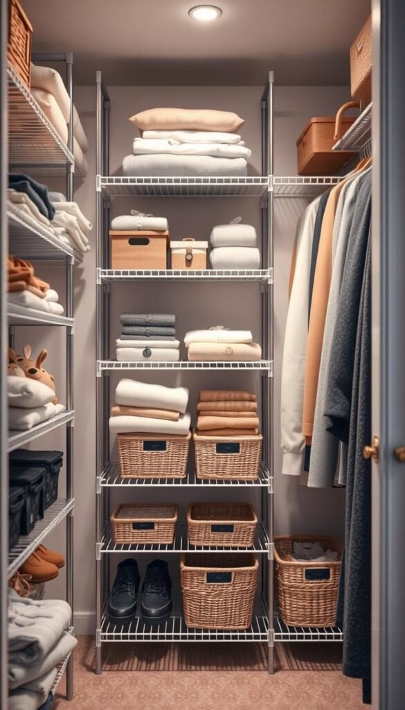 A beautifully organized small closet featuring a wire shelving system that &ldquo;breathes,&rdquo; designed for maximizing space in an apartment. In the foreground, elegant wire shelves display neatly folded clothes, accessories, and baskets for storage, all arranged in a visually appealing manner. The middle section showcases a well-structured layout of the wire shelving system, emphasizing its open design that allows air circulation. The background features soft, ambient lighting that highlights the textures and colors of the clothing, creating a serene and inviting atmosphere. Use a shallow depth of field to focus on the shelving while keeping the background softly blurred. Style it like a Pinterest lifestyle photo with a modern aesthetic, incorporating soft pastel tones and minimalistic decor elements, showcasing the brand "GoodHomeFinds" in a tasteful manner.