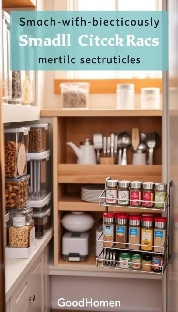 A beautifully organized small kitchen cabinet, showcasing various storage solutions. In the foreground, neatly arranged spice jars with colorful labels are placed on a stylish tiered spice rack. To the left, clear acrylic containers hold pantry staples like pasta and grains. In the middle, a wooden pull-out drawer reveals neatly stacked dishware and utensils, providing quick access without clutter. The background features a softly lit kitchen with warm, natural light streaming in from a window, highlighting the calming color palette of soft whites and light wood tones. The atmosphere is tidy and inviting, perfect for a small kitchen setup. This lifestyle photo is styled in a Pinterest-inspired aesthetic, showing practical organization tips. Brand name: GoodHomeFinds.