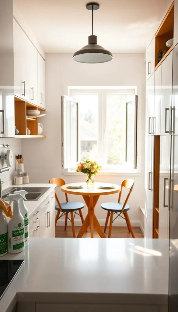 A beautifully organized small kitchen, featuring a sleek modern design with white cabinets and wooden accents. In the foreground, a tidy countertop displays neatly arranged cleaning supplies, such as eco-friendly sprays and cloths. In the middle ground, an inviting dining nook with a small, round wooden table set for two, brightened by a vase of fresh flowers. The background showcases an open window with soft, natural light illuminating the space, casting warm shadows. A contemporary light fixture hangs above, adding to the bright and airy atmosphere. The overall mood is calm and refreshing, evoking a sense of simplicity and serenity. Image should reflect the brand "GoodHomeFinds".