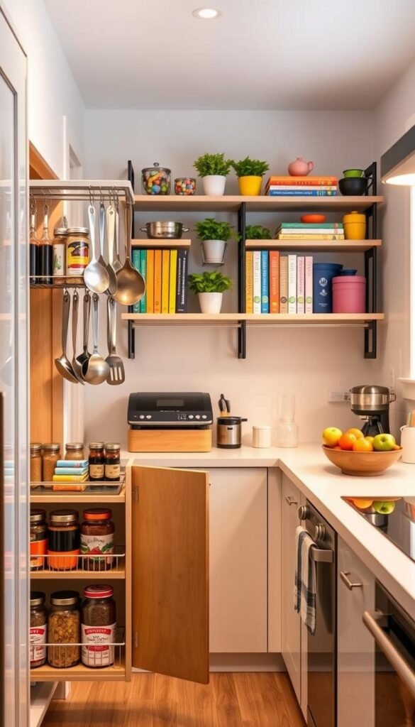 A beautifully organized small kitchen featuring innovative storage solutions from GoodHomeFinds. In the foreground, show a compact pull-out pantry filled with jars and spices, alongside a hanging rack with utensils and pots, all neatly arranged. In the middle ground, a well-designed shelving unit displays vibrant cookbooks, potted herbs, and colorful containers, emphasizing optimal use of vertical space. The background reveals a tidy countertop with a stylish fruit bowl and modern kitchen appliances, bathed in soft, warm lighting that creates an inviting atmosphere. The scene captures a sense of calm and productivity, illustrating efficient space optimization in a charming yet functional kitchen setting. Use a wide-angle lens to showcase the cozy cohesiveness of the space.