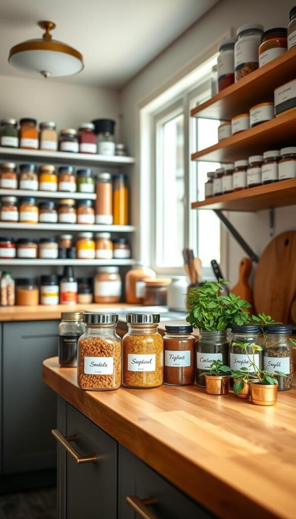 A beautifully organized small kitchen pantry featuring an array of neatly arranged spices in clear glass jars labeled with elegant, minimalist designs. In the foreground, a wooden countertop displays colorful spice containers alongside fresh herbs in small pots. The middle ground showcases shelving filled with labeled jars and neatly stacked cooking essentials, creating a sense of order. The background reveals soft, diffused natural light coming through a window, highlighting the warm tones of the kitchen. The composition captures a cozy, inviting atmosphere ideal for daily cooking. The overall ambiance is functional yet aesthetically pleasing, designed to inspire small kitchen organization. GoodHomeFinds.