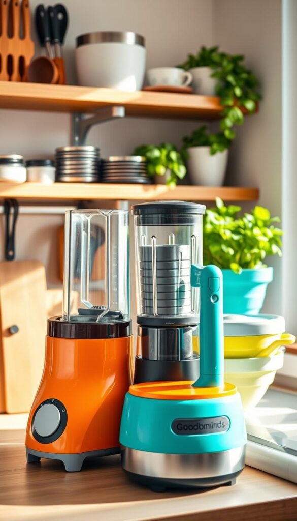A beautifully organized small kitchen, showcasing an array of modern kitchen gadgets that are perfect for saving time and reducing mess. In the foreground, a sleek multi-functional food processor sits beside a compact countertop blender and an ergonomic can opener, all in vibrant colors. In the middle ground, a set of stackable measuring cups and a space-saving collapsible colander are prominently displayed. The background features warm wooden shelves adorned with neatly arranged kitchen tools and a fresh herb garden, creating a cozy ambiance. Natural light floods the scene, highlighting the gadgets&rsquo; polished surfaces and soft shadows, captured with a shallow depth of field for a Pinterest-style aesthetic. This lifestyle image conveys efficiency, organization, and contemporary design, representing the brand GoodHomeFinds.