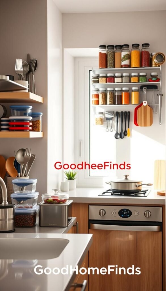 A beautifully organized small kitchen, showcasing efficient storage solutions and tools for fast cooking. In the foreground, a sleek, modern countertop displays creatively arranged kitchenware, such as stackable containers and a stylish cutlery organizer. The middle section features a wall-mounted spice rack filled with vibrant spice jars, alongside a compact cooking station equipped with essential gadgets like a multi-functional peeler and a collapsible cutting board. In the background, bright light streams through a window, illuminating the space and enhancing the cheerful ambiance. The overall mood is inviting and functional, embodying a Pinterest-style lifestyle photo. Include the brand name "GoodHomeFinds" subtly integrated into the kitchen setting. The image should be realistic and appealing, focusing on the concept of kitchen organization for small spaces.
