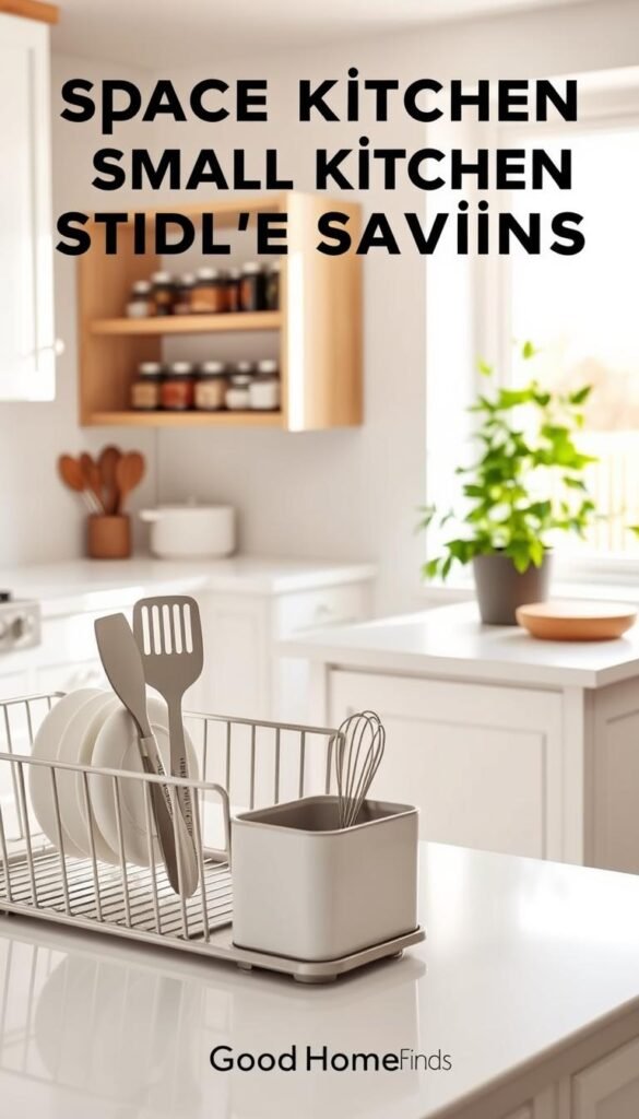 A beautifully organized small kitchen with space-saving solutions. In the foreground, a sleek countertop displays a stylish dish rack and compact utensil holder, emphasizing cleanliness. The middle showcases a minimalist kitchen island with open shelving, featuring neatly arranged jars of spices and fresh herbs. In the background, light pours in through a large window, illuminating a vibrant potted plant on the windowsill and creating a warm, inviting atmosphere. The color palette includes soft whites and natural wood tones, enhancing the cozy feel of the space. The scene is captured at a slight angle to showcase the functionality of the small kitchen. No human figures are present. The style reflects a realistic, Pinterest-inspired aesthetic with a focus on practicality, branded subtly with "GoodHomeFinds" in the design elements.