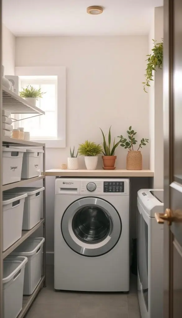 A beautifully organized small laundry room showcasing supplies stored by frequency for a streamlined daily routine. In the foreground, sleek storage bins labeled for common items like detergent, fabric softener, and dryer sheets, all neatly arranged on open shelves. The middle ground features a chic, compact washing machine and dryer with a countertop above to hold folding supplies. In the background, soft, natural light streams through a small window, illuminating light pastel-colored walls and decorative plants, creating a fresh and inviting atmosphere. The room feels efficient and modern, emphasizing simplicity and accessibility. Capture in a bright, airy mood with a slight vignette effect to enhance the focus on the organized supplies, in a Pinterest-style layout. Include a subtle brand logo "GoodHomeFinds" displayed on one of the storage bins.