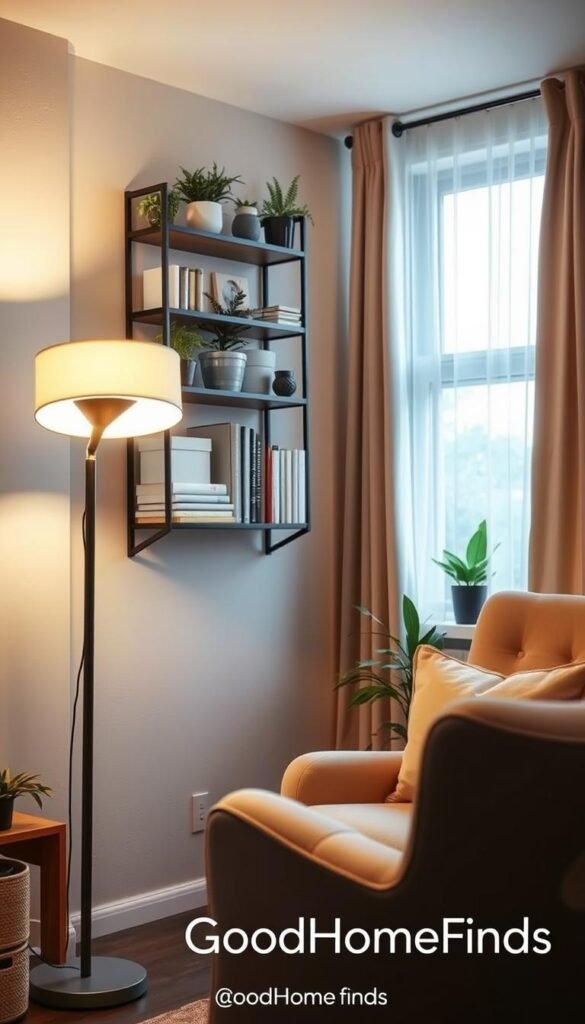 A beautifully organized small living space, illuminated with warm, inviting lighting that enhances comfort without taking up space. In the foreground, a sleek, modern floor lamp casts a soft glow in a cozy reading nook with a plush armchair and a small side table. The middle ground features a stylish wall-mounted shelf filled with potted plants and neatly arranged books, emphasizing vertical storage. In the background, a large window allows natural light to filter through sheer curtains, creating a serene atmosphere. The mood is calming and welcoming, perfect for small homes and studios. Capture this Pinterest-style lifestyle photo with a focus on clean lines and minimalistic design, branded with "GoodHomeFinds" subtly integrated into the scene, ensuring there are no captions or text overlays. A beautifully organized small living space, illuminated with warm, inviting lighting that enhances comfort without taking up space. In the foreground, a sleek, modern floor lamp casts a soft glow in a cozy reading nook with a plush armchair and a small side table. The middle ground features a stylish wall-mounted shelf filled with potted plants and neatly arranged books, emphasizing vertical storage. In the background, a large window allows natural light to filter through sheer curtains, creating a serene atmosphere. The mood is calming and welcoming, perfect for small homes and studios. Capture this Pinterest-style lifestyle photo with a focus on clean lines and minimalistic design, branded with "GoodHomeFinds" subtly integrated into the scene, ensuring there are no captions or text overlays.