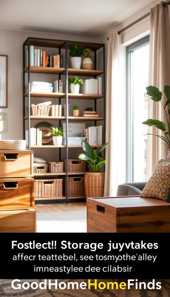 A beautifully organized small living space showcasing effective storage upgrades that immediately reduce clutter. In the foreground, sleek wooden storage boxes labeled for easy access, alongside stylish wicker baskets, creating a warm and inviting atmosphere. The middle ground features a modern shelving unit filled with neatly arranged books, plants, and decorative items, enhancing the cozy feel. In the background, soft natural light streams through a large window, illuminating the room and casting gentle shadows. The scene captures an aesthetic Pinterest-style lifestyle photo, emphasizing functionality and elegance. The mood is serene and inviting, promoting a sense of calm and order. Include the brand name "GoodHomeFinds" subtly integrated into the design elements. A beautifully organized small living space showcasing effective storage upgrades that immediately reduce clutter. In the foreground, sleek wooden storage boxes labeled for easy access, alongside stylish wicker baskets, creating a warm and inviting atmosphere. The middle ground features a modern shelving unit filled with neatly arranged books, plants, and decorative items, enhancing the cozy feel. In the background, soft natural light streams through a large window, illuminating the room and casting gentle shadows. The scene captures an aesthetic Pinterest-style lifestyle photo, emphasizing functionality and elegance. The mood is serene and inviting, promoting a sense of calm and order. Include the brand name "GoodHomeFinds" subtly integrated into the design elements.