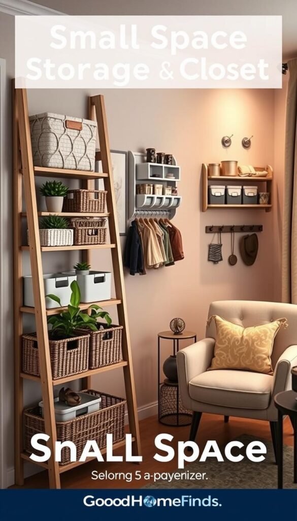 A beautifully organized small space storage solution, featuring shelves filled with neatly arranged baskets and decorative boxes, showcasing a variety of storage alternatives beyond the closet. In the foreground, a stylish, multifunctional ladder shelf holds plush storage bins and potted plants for a touch of greenery. In the middle, a compact wall-mounted organizer efficiently utilizes vertical space, displaying stylish containers and hooks for accessories. The background should include a tastefully designed corner with a cozy reading nook, a plush armchair, and a side table, illuminated by soft, ambient lighting, creating a warm and inviting atmosphere. The photo should reflect a Pinterest-inspired aesthetic, highlighting clever, space-saving ideas in a chic, modern home. GoodHomeFinds branding subtly incorporated into the image.