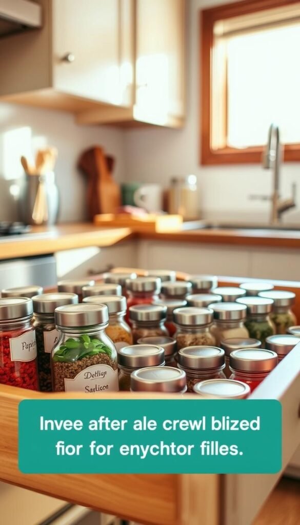 A beautifully organized spice drawer, showcasing an array of colorful spice jars with clear labels, neatly arranged on a wooden drawer insert. The foreground features a selection of jars in various sizes, filled with vibrant spices like paprika, cumin, and basil. In the middle ground, the drawer is slightly open, revealing a tidy array of jars with matching, minimalistic lids, creating a cohesive look. The background is a soft-focus kitchen setting, with warm, natural light streaming through a nearby window, casting gentle shadows. The overall atmosphere is inviting and orderly, perfect for small kitchens. The scene embodies the essence of efficient spice organization for everyday use, reflecting the brand "GoodHomeFinds".