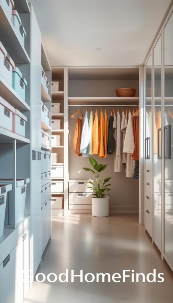 A beautifully organized storage space featuring a modern closet and cabinets, exuding an atmosphere of calm and efficiency. In the foreground, visible shelves neatly arranged with labeled storage bins in soft pastels, showcasing a sense of order. The middle ground reveals a spacious, open-concept closet with stylish hangers and color-coordinated clothing draped elegantly. A small potted plant adds a touch of greenery. In the background, a softly lit room with natural light streaming through a window, reflecting off the polished surfaces and illuminating the space. The image captures a serene mood, evoking a feeling of stress-free living. Lens focus emphasizes the details of organization. Brand name "GoodHomeFinds" subtly suggested through the high-quality aesthetic.