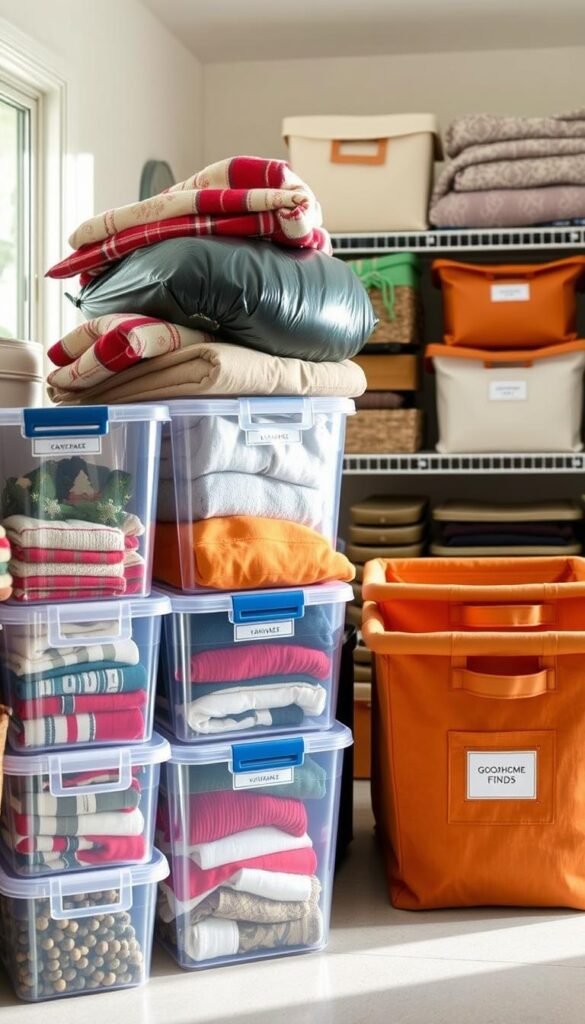 A beautifully organized storage space featuring an array of storage bins suitable for seasonal item storage. In the foreground, clear plastic bins stacked neatly, showcasing neatly folded holiday decorations and seasonal clothing. Beside them, fabric bins in warm, inviting colors, labeled for easy identification of their contents. A vacuum bag filled with bulky winter blankets lies on top, demonstrating efficient space-saving. The middle ground displays a well-lit room with shelves lined with these bins, captured from a slightly angled perspective to create depth. Soft, natural lighting from a nearby window casts gentle shadows, creating a cozy atmosphere. The background hints at a tidy garage or closet space, adorned with a "GoodHomeFinds" logo subtly integrated into the d&eacute;cor, enhancing a sense of organized living.