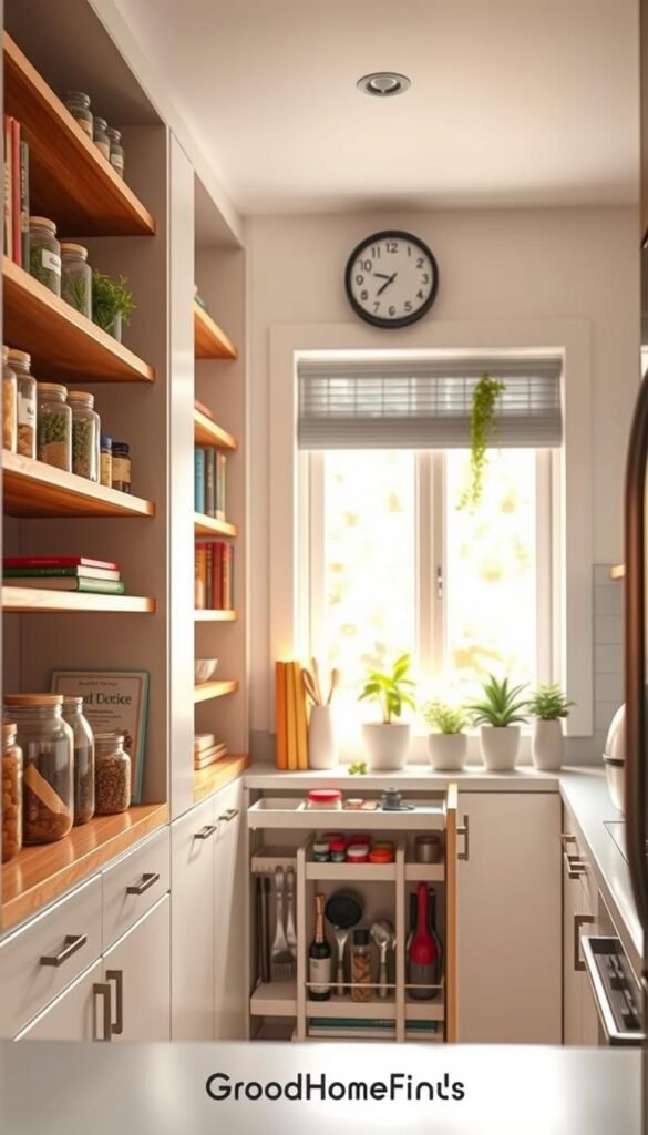 A beautifully organized tiny kitchen pantry featuring efficient storage solutions. In the foreground, wooden shelves filled with clear labeled jars of dry goods, herbs in stylish glass containers, and a small collection of colorful cookbooks. In the middle, a compact pull-out drawer system, showcasing neatly arranged kitchen utensils and spices. The background displays a bright window allowing warm natural light to spill across the scene, enhancing the cozy and inviting atmosphere. The kitchen has a minimalist design, with light-colored cabinetry and a small herb garden on the sill. Incorporate modern decor elements like a wall clock and potted plants for a touch of freshness, all rendered in a Pinterest-style lifestyle photograph by GoodHomeFinds, capturing the essence of smart storage in a tiny kitchen.