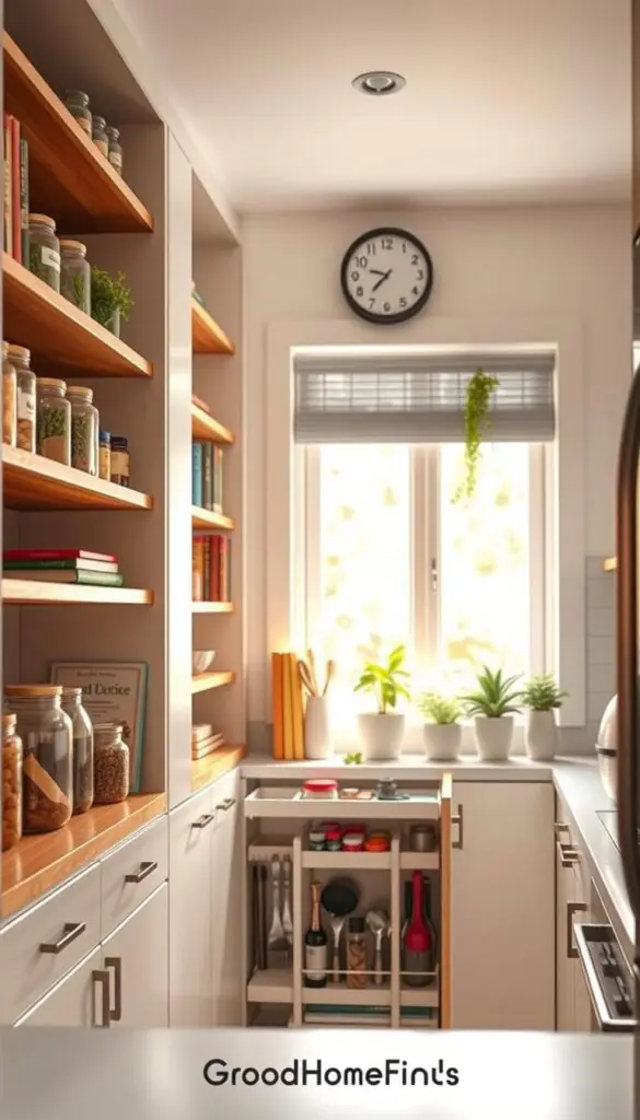 A beautifully organized tiny kitchen pantry featuring efficient storage solutions. In the foreground, wooden shelves filled with clear labeled jars of dry goods, herbs in stylish glass containers, and a small collection of colorful cookbooks. In the middle, a compact pull-out drawer system, showcasing neatly arranged kitchen utensils and spices. The background displays a bright window allowing warm natural light to spill across the scene, enhancing the cozy and inviting atmosphere. The kitchen has a minimalist design, with light-colored cabinetry and a small herb garden on the sill. Incorporate modern decor elements like a wall clock and potted plants for a touch of freshness, all rendered in a Pinterest-style lifestyle photograph by GoodHomeFinds, capturing the essence of smart storage in a tiny kitchen. A beautifully organized tiny kitchen pantry featuring efficient storage solutions. In the foreground, wooden shelves filled with clear labeled jars of dry goods, herbs in stylish glass containers, and a small collection of colorful cookbooks. In the middle, a compact pull-out drawer system, showcasing neatly arranged kitchen utensils and spices. The background displays a bright window allowing warm natural light to spill across the scene, enhancing the cozy and inviting atmosphere. The kitchen has a minimalist design, with light-colored cabinetry and a small herb garden on the sill. Incorporate modern decor elements like a wall clock and potted plants for a touch of freshness, all rendered in a Pinterest-style lifestyle photograph by GoodHomeFinds, capturing the essence of smart storage in a tiny kitchen.