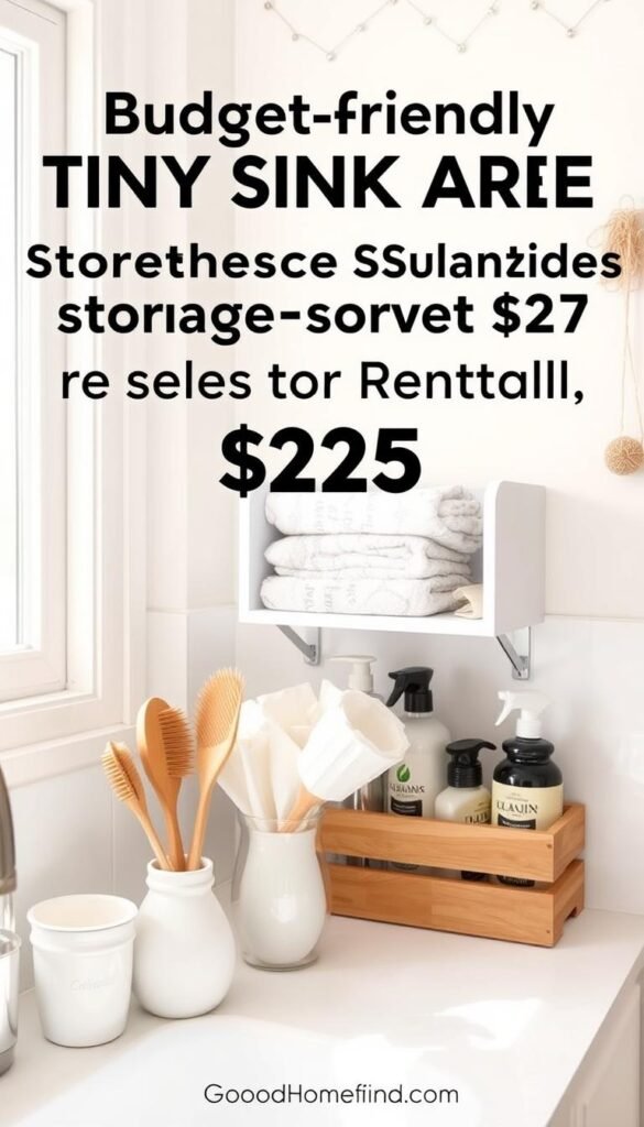 A beautifully organized tiny sink area showcasing budget-friendly storage solutions under $25 that are perfect for rentals. In the foreground, delicate white ceramic containers hold brushes and sponges, while a wooden caddy contains cleaning supplies. The middle ground features a compact shelf with neatly stacked dish towels and eco-friendly cleaning products, all enhancing the minimalist aesthetic. Soft, natural light filters through a nearby window, creating a warm, inviting atmosphere. The background presents a light-colored wall adorned with subtle decorative elements, enhancing the charm without overwhelming the space. The style captures a Pinterest-worthy lifestyle, illustrating practicality and beauty in small spaces. Brand name "GoodHomeFinds" subtly integrated into the scene.
