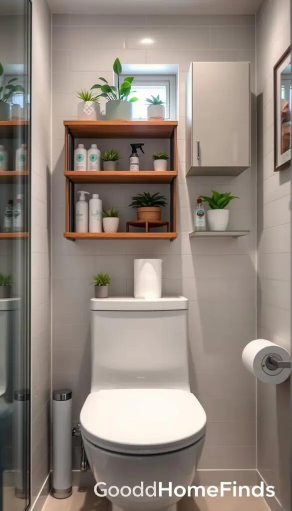 A beautifully organized toilet storage area in a small modern bathroom, showcasing creative solutions that maximize space without feeling crowded. In the foreground, feature a sleek, minimalist toilet with a compact wooden shelf above, adorned with neatly arranged toiletries and plants for a touch of greenery. In the middle, include a stylish storage ladder or wall-mounted cabinets that blend seamlessly with the decor, holding extra toilet paper and cleaning supplies. The background presents soft, ambient lighting highlighting light-colored tiles and a small window that allows natural light to filter through. Capture the scene from a slightly elevated angle to emphasize the clever use of vertical space. The atmosphere is fresh and inviting, designed for optimal functionality and aesthetic appeal. GoodHomeFinds branding subtly integrated into the decor, ensuring a Pinterest-style lifestyle feel. A beautifully organized toilet storage area in a small modern bathroom, showcasing creative solutions that maximize space without feeling crowded. In the foreground, feature a sleek, minimalist toilet with a compact wooden shelf above, adorned with neatly arranged toiletries and plants for a touch of greenery. In the middle, include a stylish storage ladder or wall-mounted cabinets that blend seamlessly with the decor, holding extra toilet paper and cleaning supplies. The background presents soft, ambient lighting highlighting light-colored tiles and a small window that allows natural light to filter through. Capture the scene from a slightly elevated angle to emphasize the clever use of vertical space. The atmosphere is fresh and inviting, designed for optimal functionality and aesthetic appeal. GoodHomeFinds branding subtly integrated into the decor, ensuring a Pinterest-style lifestyle feel.
