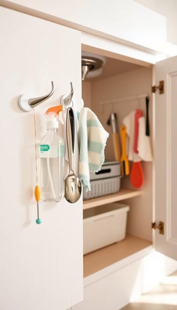A beautifully organized under-sink area featuring GoodHomeFinds adhesive organizer hooks. In the foreground, display the hooks mounted securely on a clean, light-colored cabinet door, emphasizing their sleek design and practical setup. Show various household items neatly hung, such as cleaning spray bottles, dishcloths, and small tools, to highlight functionality. In the middle, capture the inside of the cabinet, showcasing a few neatly arranged storage bins and boxes that complement the hooks, enhancing the sense of organization. The background should include a subtle hint of the kitchen environment, with soft natural lighting filtering in, creating a calm and inviting atmosphere. The angle is slightly elevated to provide a clear view of the setup while maintaining a cozy, lived-in feel. A beautifully organized under-sink area featuring GoodHomeFinds adhesive organizer hooks. In the foreground, display the hooks mounted securely on a clean, light-colored cabinet door, emphasizing their sleek design and practical setup. Show various household items neatly hung, such as cleaning spray bottles, dishcloths, and small tools, to highlight functionality. In the middle, capture the inside of the cabinet, showcasing a few neatly arranged storage bins and boxes that complement the hooks, enhancing the sense of organization. The background should include a subtle hint of the kitchen environment, with soft natural lighting filtering in, creating a calm and inviting atmosphere. The angle is slightly elevated to provide a clear view of the setup while maintaining a cozy, lived-in feel.