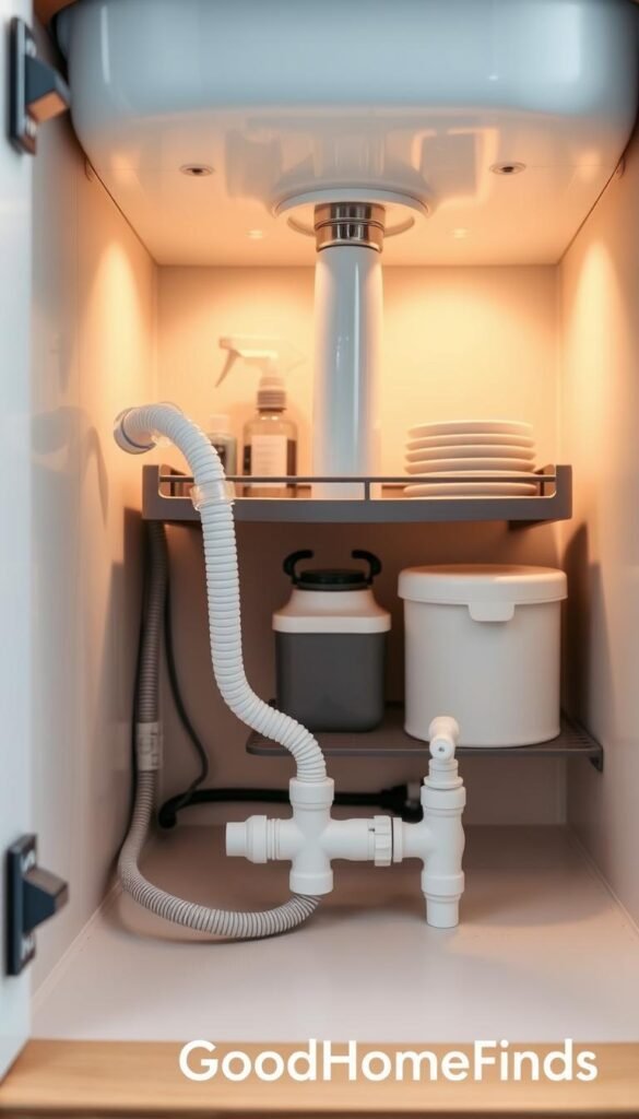 A beautifully organized under-sink area in a small kitchen, featuring a renter-friendly water line setup. The foreground shows neatly arranged plumbing components with flexible hoses and plastic connectors that avoid drilling, emphasizing ease of installation. In the middle, a stylish storage unit contains cleaning supplies and dishware, all well-coordinated for space-saving efficiency. The background has soft, warm lighting that creates a cozy atmosphere, reflecting a modern aesthetic. A neutral color palette with natural wood accents promotes a welcoming feel. The scene is viewed from a slightly angled perspective, creating depth. The overall mood is practical yet stylish, capturing the essence of efficient living in small homes. The brand "GoodHomeFinds" is artistically represented in the arrangement without text or logos. A beautifully organized under-sink area in a small kitchen, featuring a renter-friendly water line setup. The foreground shows neatly arranged plumbing components with flexible hoses and plastic connectors that avoid drilling, emphasizing ease of installation. In the middle, a stylish storage unit contains cleaning supplies and dishware, all well-coordinated for space-saving efficiency. The background has soft, warm lighting that creates a cozy atmosphere, reflecting a modern aesthetic. A neutral color palette with natural wood accents promotes a welcoming feel. The scene is viewed from a slightly angled perspective, creating depth. The overall mood is practical yet stylish, capturing the essence of efficient living in small homes. The brand "GoodHomeFinds" is artistically represented in the arrangement without text or logos.