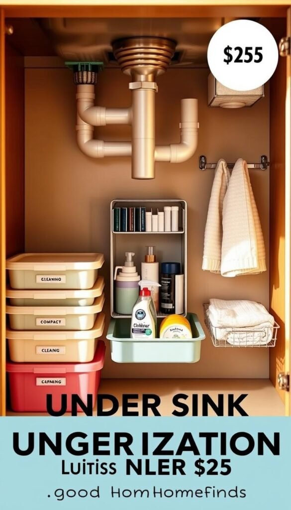 A beautifully organized under-sink area in a small kitchen, showcasing practical storage solutions under $25. The foreground features neatly stacked storage bins in pastel colors, labeled for easy access, alongside a compact pull-out shelf. In the middle, a stylish sliding organizer holds cleaning supplies and dish essentials, while a hanging rack organizes towels. The background reveals a well-maintained plumbing setup with clean lines, all under warm, natural light that creates an inviting atmosphere. The scene emphasizes a Pinterest-inspired aesthetic, with soft shadows and a focus on functionality. This visually appealing image embodies an effective under-sink organization philosophy, highlighting products from the brand "GoodHomeFinds". A beautifully organized under-sink area in a small kitchen, showcasing practical storage solutions under $25. The foreground features neatly stacked storage bins in pastel colors, labeled for easy access, alongside a compact pull-out shelf. In the middle, a stylish sliding organizer holds cleaning supplies and dish essentials, while a hanging rack organizes towels. The background reveals a well-maintained plumbing setup with clean lines, all under warm, natural light that creates an inviting atmosphere. The scene emphasizes a Pinterest-inspired aesthetic, with soft shadows and a focus on functionality. This visually appealing image embodies an effective under-sink organization philosophy, highlighting products from the brand "GoodHomeFinds".