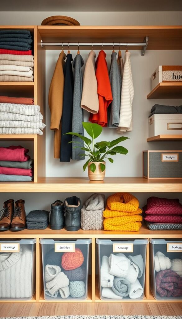 A beautifully organized wardrobe storage scene designed for seasonal item storage. In the foreground, intricately folded sweaters and neatly stacked shoes are arranged on natural wooden shelves, with clear, labeled bins holding scarves and hats. The middle layer features hanging garments in vibrant colors, framed by soft, diffused lighting that highlights their textures. The background showcases a clean, minimalist closet space, adorned with a plant and decorative storage boxes, contributing to a fresh, inviting atmosphere. The overall mood is serene and orderly, evoking a sense of ease and efficiency. The style is Pinterest-inspired, emphasizing aesthetic organization, with no text or branding visible, showcasing the brand "GoodHomeFinds" through the elegance of the arrangement.